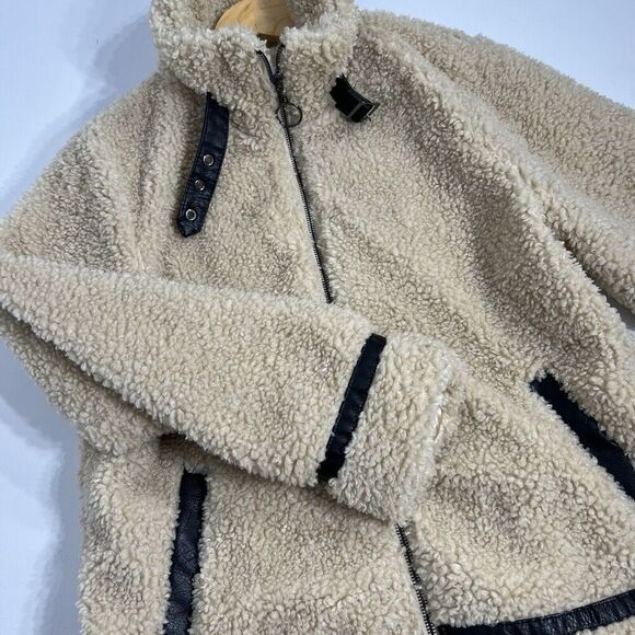 Madden Girl Teddy Jacket Womens Medium Tan Sherpa Faux Leather Trim Buckle Fur - Picture 3 of 13